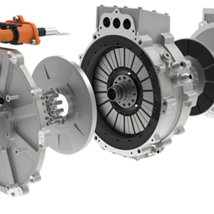 Exploded View Of A Traxial Motor Highlighting Its Innovative Design Optimized For Manufacturing And Assembly. The Image Showcases Various Components Disassembled, Including The Housing, Clutch, Gears, And The Central Electric Motor With Its Orange Power Cable. Each Part Is Meticulously Crafted To Streamline Production And Simplify The Assembly Process, Reflecting The Advanced Engineering Efforts By Traxial To Enhance Efficiency And Functionality.