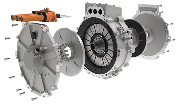 Exploded view of a Traxial motor highlighting its innovative design optimized for manufacturing and assembly. The image showcases various components disassembled, including the housing, clutch, gears, and the central electric motor with its orange power cable. Each part is meticulously crafted to streamline production and simplify the assembly process, reflecting the advanced engineering efforts by Traxial to enhance efficiency and functionality.
